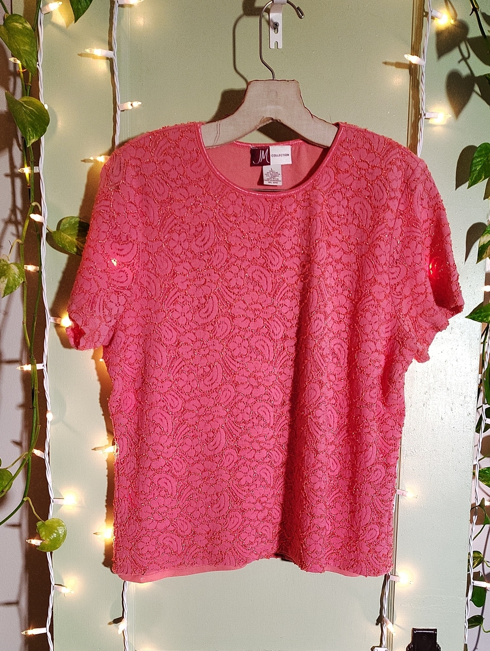 Women's JM Collection Salmon Coral Pink Floral Lace Box Tee Blouse Top L